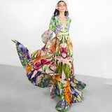 Deep V-Neck One-Piece Swimsuit with Long Skirt