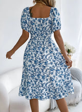Floral Midi Dress with Puff Sleeves and Square Neck
