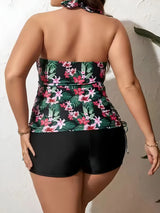 Plus-Size Floral Tankini Set with Halter Top & Shorts