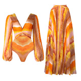 Deep V-Neck One-Piece Swimsuit with Long Skirt