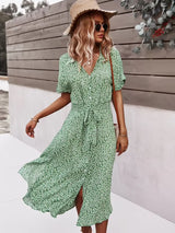 Women's V-Neck Floral Tie-Waist Maxi Dress