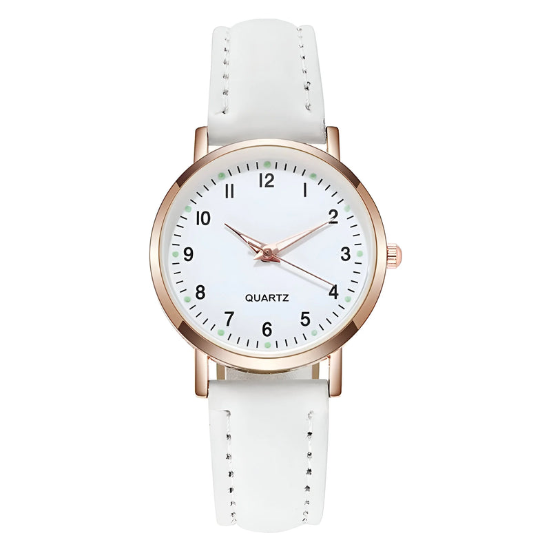 Glow-in-the-Dark Dial Watch with Leather Strap for Women