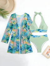 Three-Piece Bikini and Floral Cover-Up Set