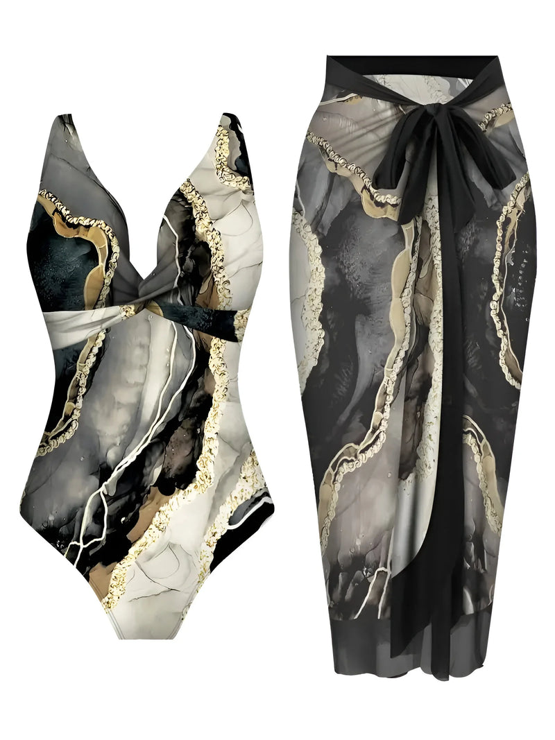 Tropical Print Two-Piece Swimsuit & Sarong Set