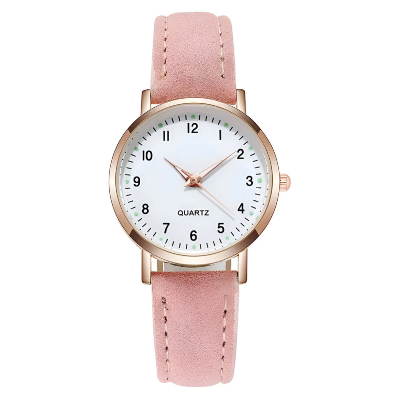 Glow-in-the-Dark Dial Watch with Leather Strap for Women