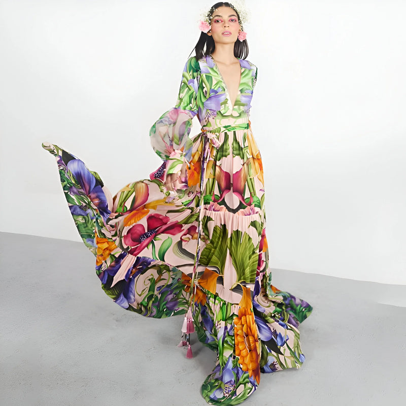 Deep V-Neck One-Piece Swimsuit with Long Skirt