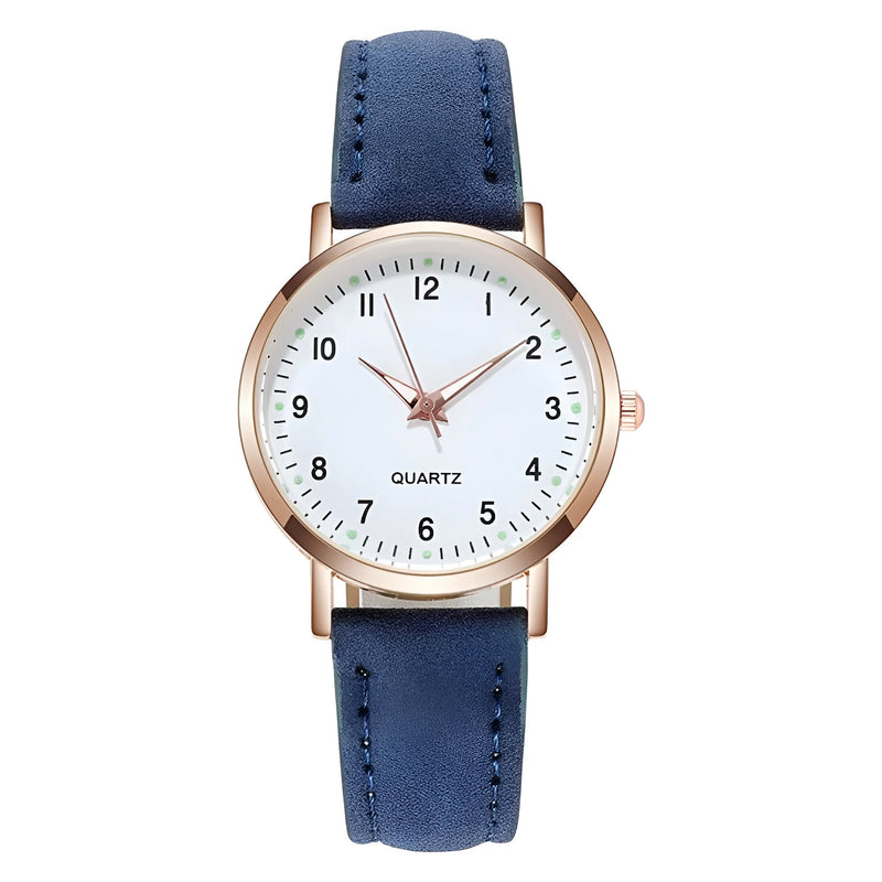 Glow-in-the-Dark Dial Watch with Leather Strap for Women