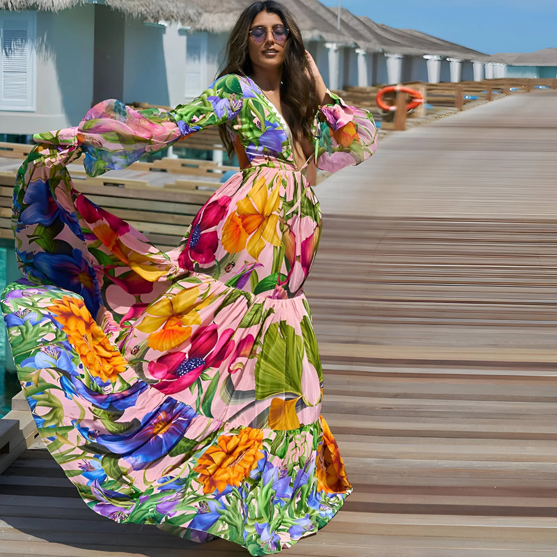 Deep V-Neck One-Piece Swimsuit with Long Skirt