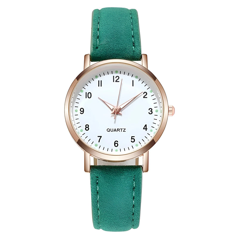 Glow-in-the-Dark Dial Watch with Leather Strap for Women