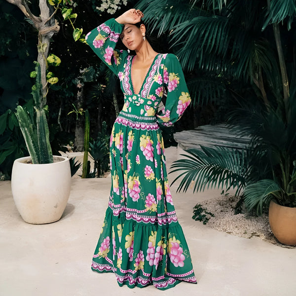 Deep V-Neck One-Piece Swimsuit with Long Skirt