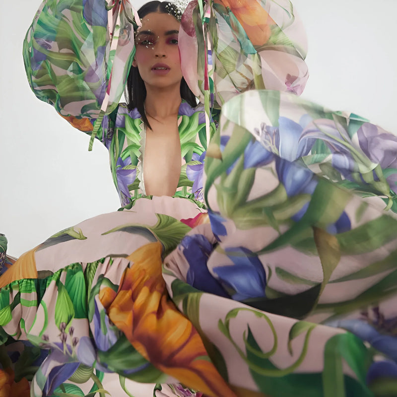 Deep V-Neck One-Piece Swimsuit with Long Skirt