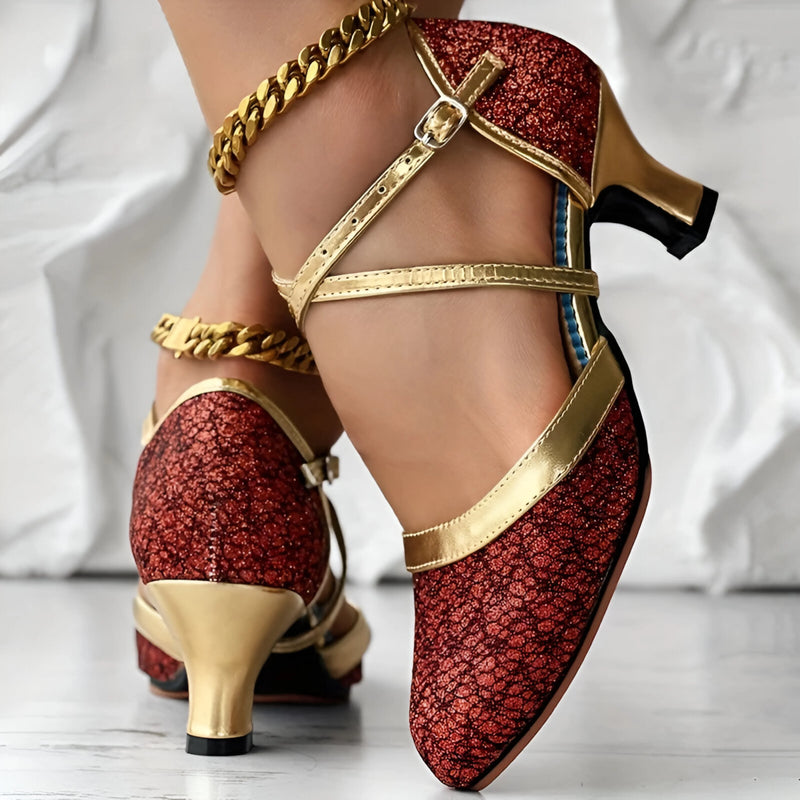 Women's Glitter Cross Strap Heels with Buckle