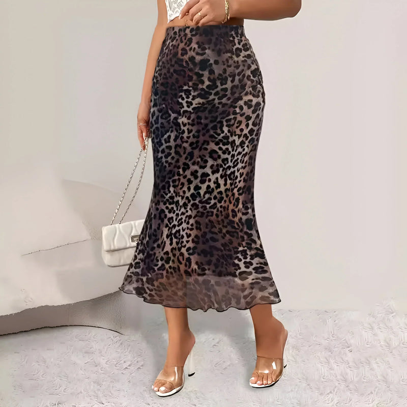 High-waist leopard mesh skirt
