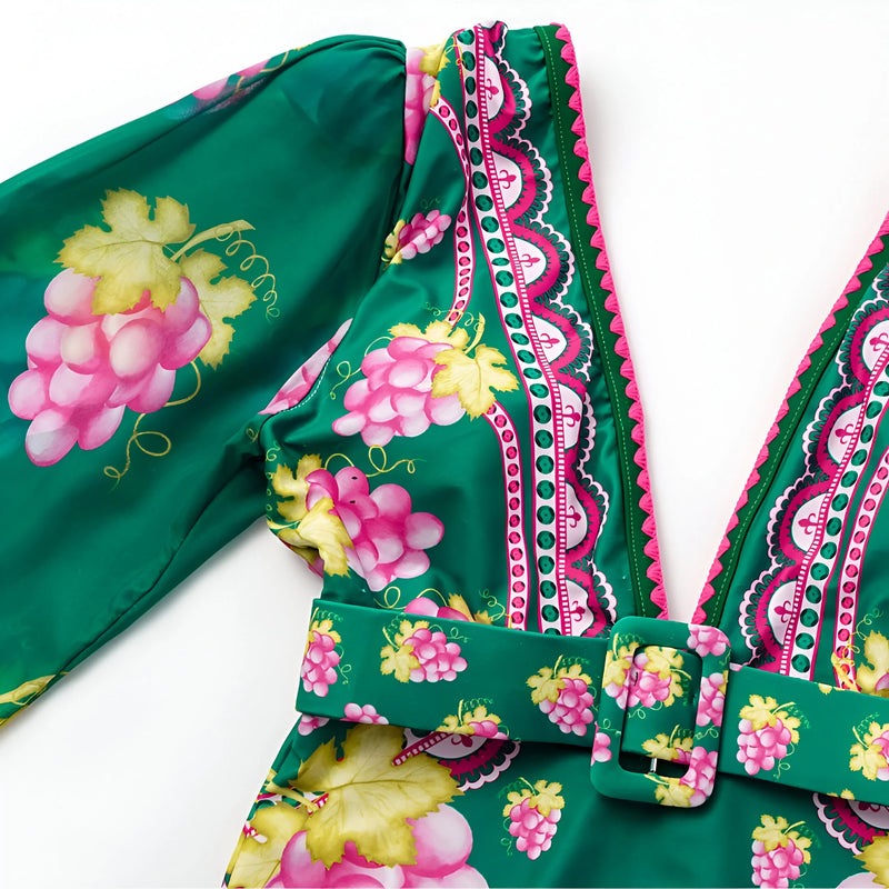 Deep V-Neck One-Piece Swimsuit with Long Skirt