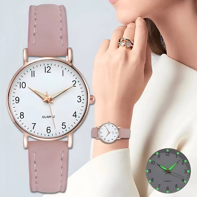 Glow-in-the-Dark Dial Watch with Leather Strap for Women