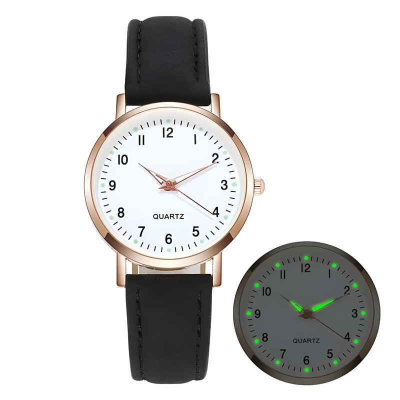 Glow-in-the-Dark Dial Watch with Leather Strap for Women