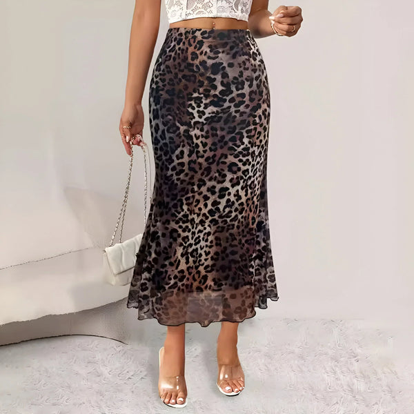 High-waist leopard mesh skirt