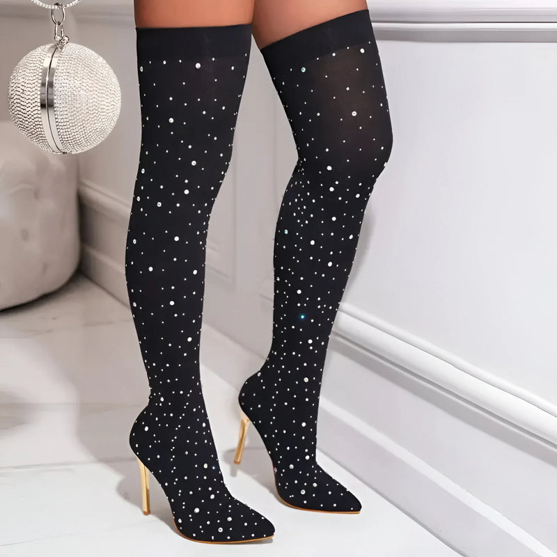 Rhinestone-Adorned Knee-High Boots