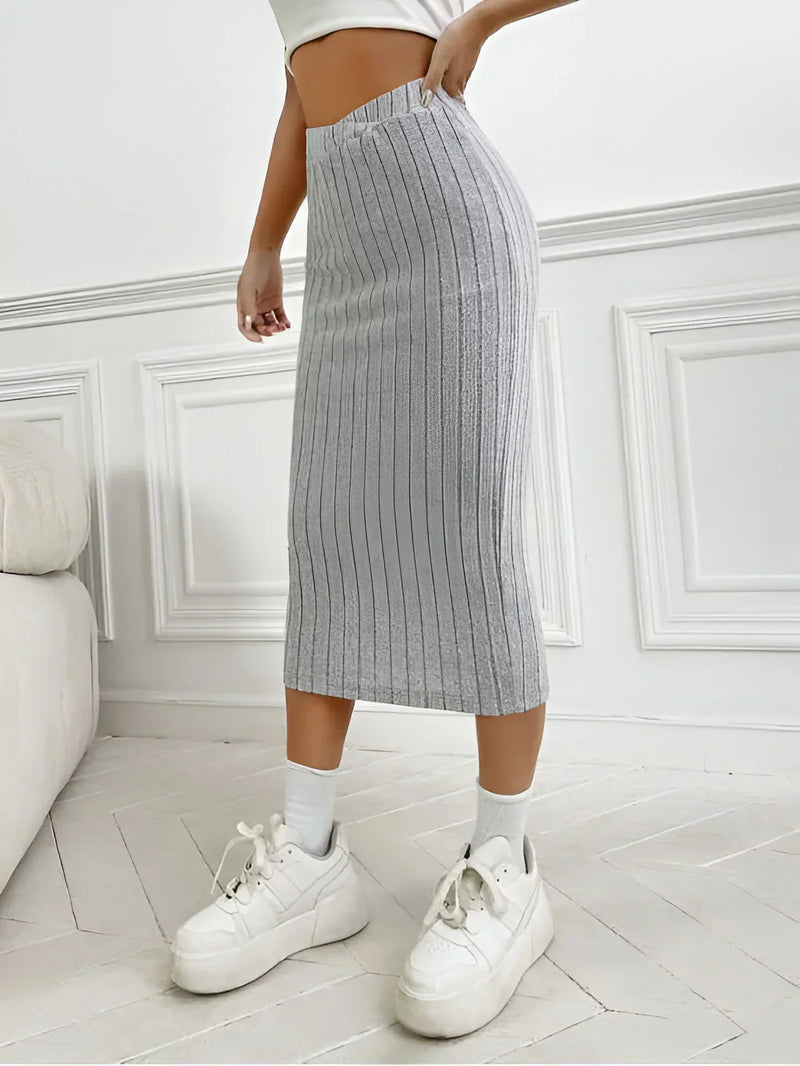 Women's high-waist ribbed knit pencil skirt