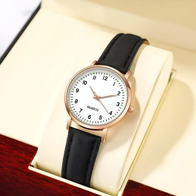 Glow-in-the-Dark Dial Watch with Leather Strap for Women