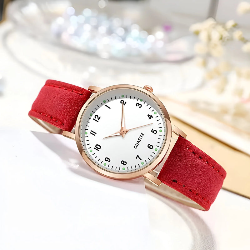 Glow-in-the-Dark Dial Watch with Leather Strap for Women