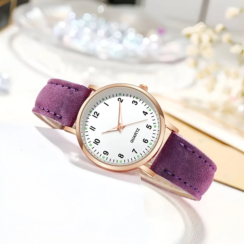 Glow-in-the-Dark Dial Watch with Leather Strap for Women