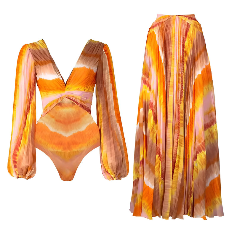 Deep V-Neck One-Piece Swimsuit with Long Skirt