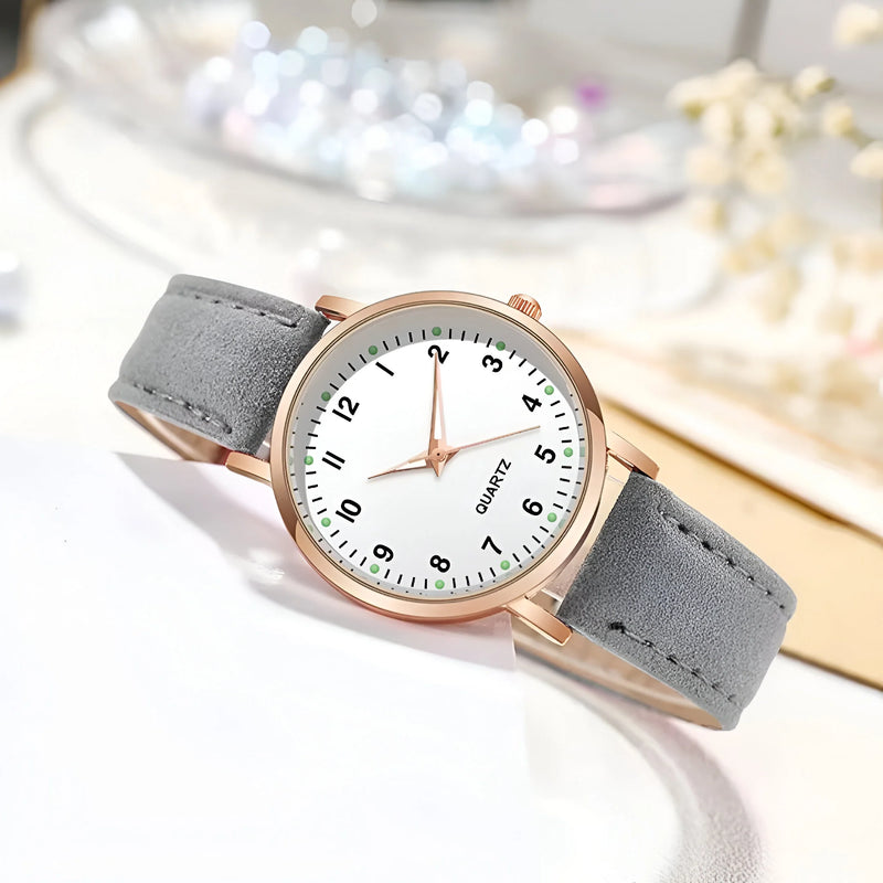 Glow-in-the-Dark Dial Watch with Leather Strap for Women