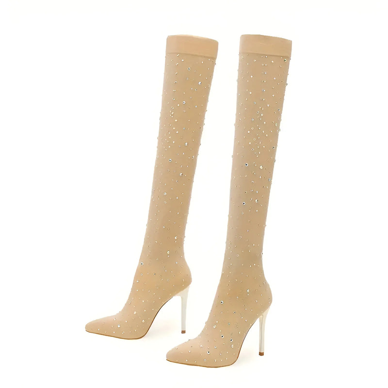 Rhinestone-Adorned Knee-High Boots