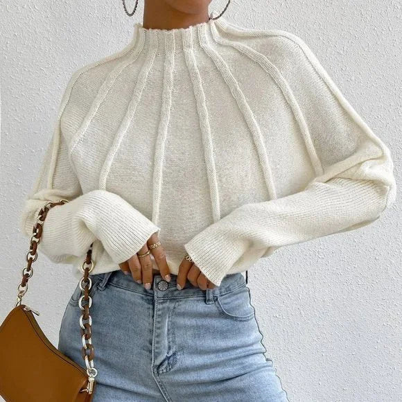 Knitted Mock Neck Batwing Sleeve Sweater