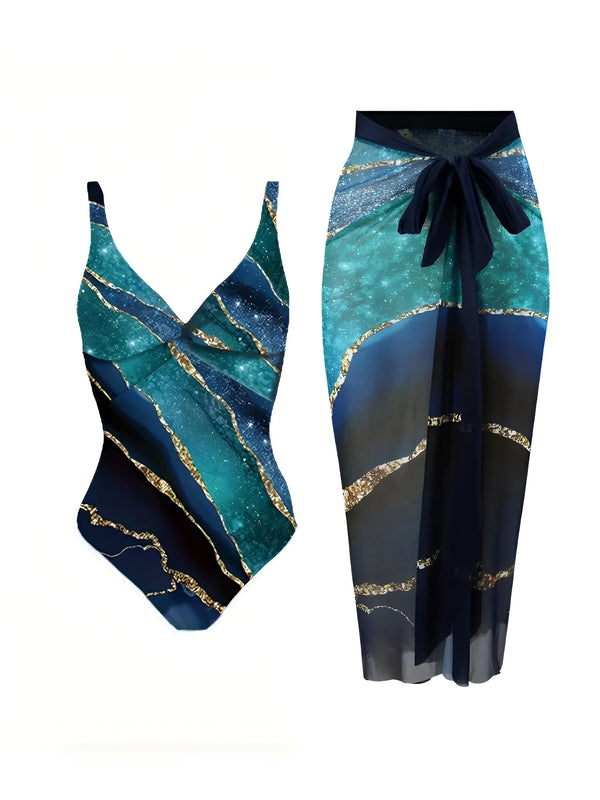 Tropical Print Two-Piece Swimsuit & Sarong Set
